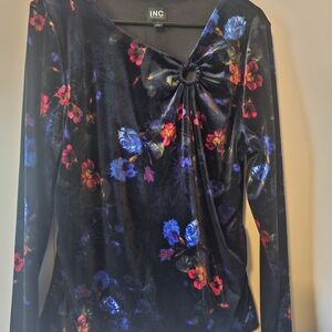 INC International Concepts Women's Floral Velvet Top - Black and Blue